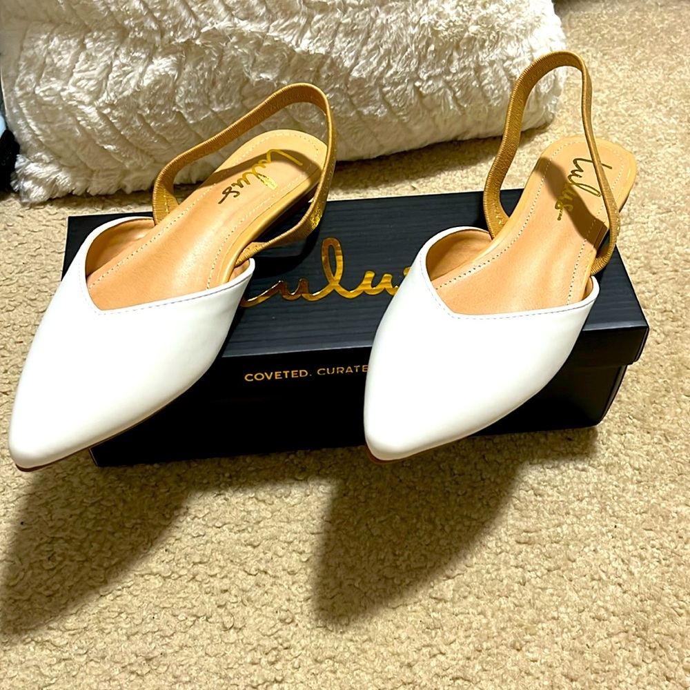 Lulus ‘MAE WHITE AND BEIGE POINTED TOE’ -Dressy Sandal Flats With Ankle Strap